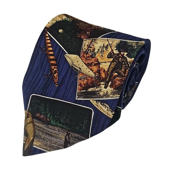 Eddie Bauer Novelty Tie Mens Fly Fishing Blue Silk USA Vintage 59.3" - Picture 1 of 5
